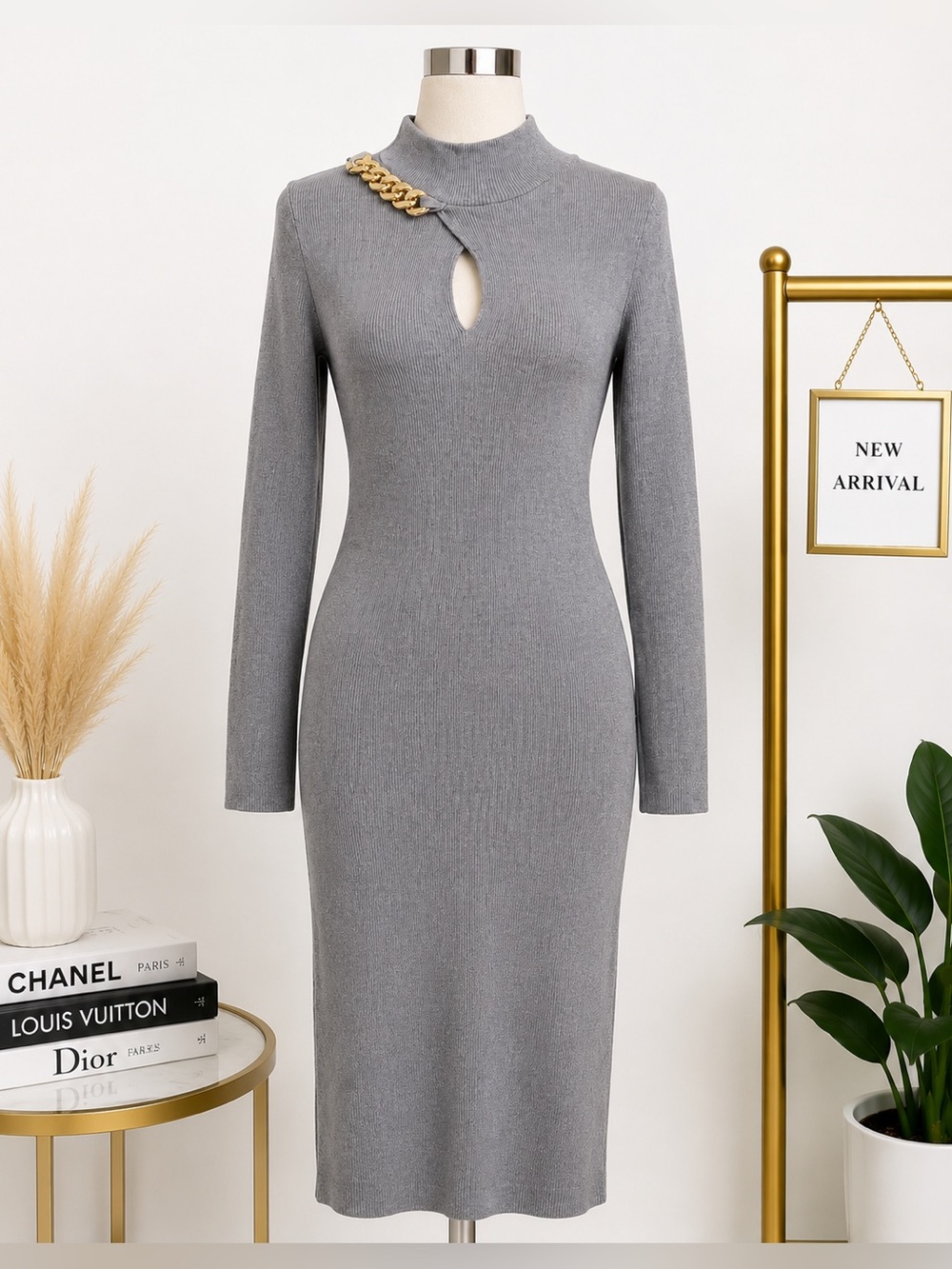 Elegant Gray Long-Sleeve Midi Dress with Gold Chain Accent